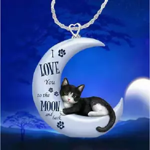 CRESCENT MOON BLACK CAT LOVE QUOTE Pendant GERMAN Silver 24" Necklace Women GIFT - Picture 1 of 5