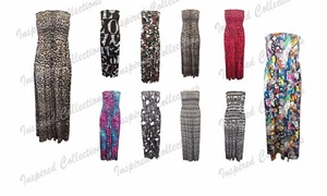 Womens Ladies Plus Size Printed Gathered Boobtube Bandeau Sheering Maxi Dress - Picture 1 of 9