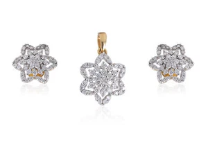 Pave 1.25 Cts Round Brilliant Cut Diamonds Pendant Earrings Set In Fine 18K Gold - Picture 1 of 3