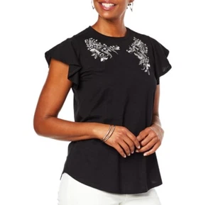 Camiseta de punto DG2 de Diane Gilman con manga volante slub con bordado negra XL 796274 - Imagen 1 de 2