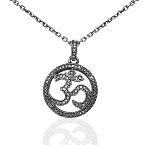 Natural Pave Diamond OM Design Pendant Charm 925 Sterling Silver Black Rhodium - Picture 1 of 2