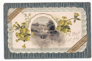 Best Wishes embossed postcard / country scene in greens - Bild 1 von 2