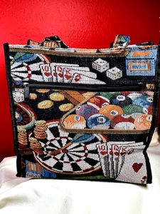 Tote Bag Multi-Color Casino Pattern Lined Upholstery Fabric  Coin Purse 11.5in - Picture 1 of 8
