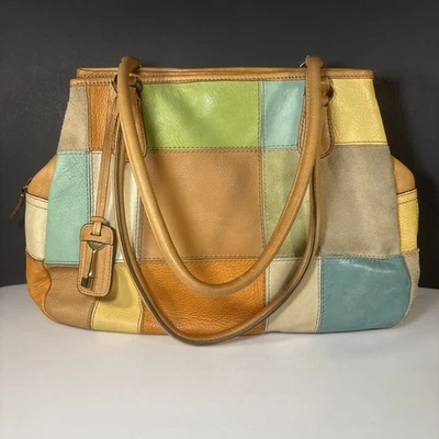 Fossil Leather Suede Patchwork Shoulder Bag Multicolor Satchel Purse Key Fob - Image 1 of 4