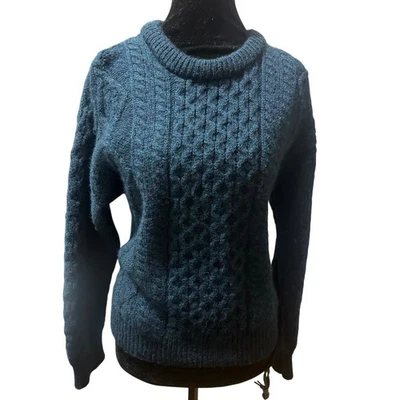 Aran Crafts Sweater Teal Blue Wool Chunky Cable Knit Fisherman Ireland Small - Image 1 of 4