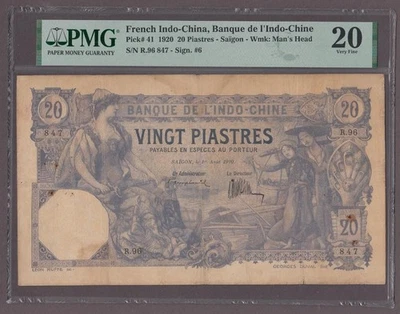 Billete de 20 piastras francés de Indochina P-41 ND (1920) muy fino PMG 20 Foto 1 de 2