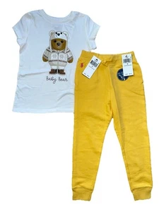 Polo Ralph Lauren Girls Sweatsuit Ivory Winter “Baby Bear” Shirt & YLW Joggers 5 - Picture 1 of 4