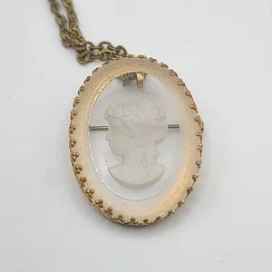 Vintage Reverse Carved Cameo Necklace Gold Tone Oval Pendant 22" - Picture 1 of 7