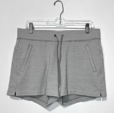 Athleta Modern Metro Womens Shorts M White Gray Striped Zip Pockets Drawstring - Image 1 of 4