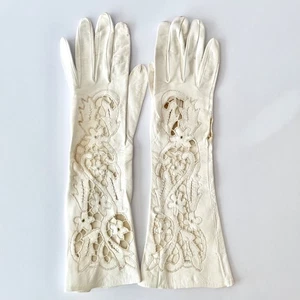 Guantes bordados florales recortados de cuero blancos para niños talla 7 Lavabile de colección para mujer - Imagen 1 de 13