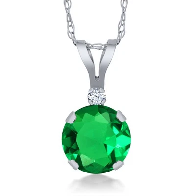 0.79 Ct Green Simulated Emerald White Created Sapphire 14K White Gold Pendant - Image 1 of 4