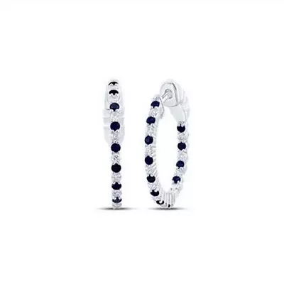 Natural Blue Sapphire & Diamond Hoop Earrings 14k White Gold - Image 1 of 2
