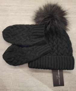 Adrienne Landau Onyx Black Pompom Hat & Gloves NWT - $95 Value - Picture 1 of 3