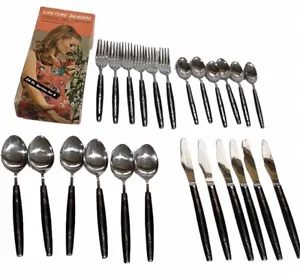 Vintage MCM Lifetime Bambus Edelstahl Besteck ~ Japan ~ 24 Teile ~ Messer/Gabeln/Löffel - Bild 1 von 14