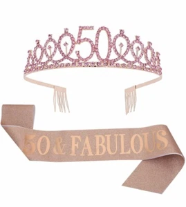 50 And Fabulous" Sash  Rhinestone Tiara Set - 50Th Birthday Sash 50 Birthday New - Picture 1 of 7