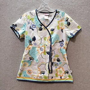 Skechers Women Scrub Top Small White Floral Pockets Short Sleeve V Neck - Picture 1 of 8