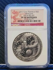 Tuvalu 2 oz DRAGO $2 moneta d'argento NGC PF70 anticata 2017 creatura mitica cinese - Foto 1 di 4