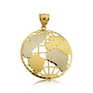 10K Yellow Gold Two Toned World Map Globe Charm Pendant (1.90