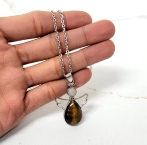 TIGERS  EYE CRYSTAL ANGEL NECKLACE GEMS SILVER PLATED AND STAINLESS STEEL CHAIN - Picture 1 of 6