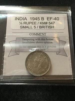 1945 B Small 5; India / British,  1/4 Rupee,  Coin Mart Graded**EF-40** KM# 547. - Image 1 of 4