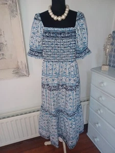 M&S COLLECTION PURE COTTON Blue Floral Square Neck Midi Dress - UK 10 - - Picture 1 of 14