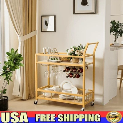 Gold Bar Cart W/ Wheels Rolling Serving Storage Wine Glass Holder Kitchen Dining - Image 1 of 4