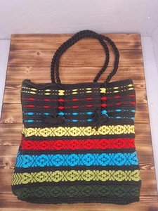 Borsa tote vintage anni 70 all'uncinetto vibrante rosso blu giallo tessuto boho bellissima! - Foto 1 di 8