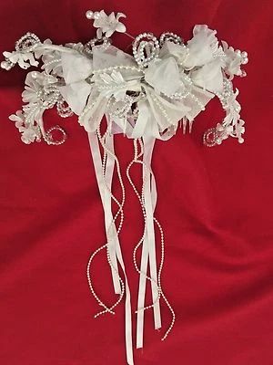 White Pearl Bead Crown Tiara Hat Head Dress with Flowing Ribbon Back - Image 1 of 3