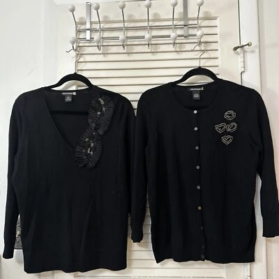 SWEATERWORKS ~ Duo 2 шикарный женский черный свитер ~ Sz L ~ кнопка вверх/натяжной ~ бисером - Изображение 1 из 4