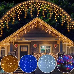 96 LED Hanging Icicle Curtain Lights Outdoor Garden Xmas String Wedding Lamp US - Picture 1 of 29