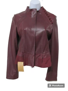 Sz XS NWT $518 BCBG Maxazria Red Maroon Leather MOTO JACKET Zips Retro Y2K - Picture 1 of 23