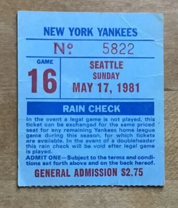 May 17, 1981 New York Yankees VS Seattle Mariners General Admission Ticket Stub - Picture 1 of 2