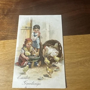 c.1910 Easter Greetings Postcard Chicks Children Hen - Picture 1 of 1