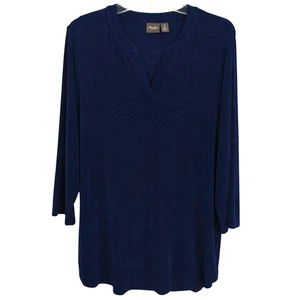 Chico's Travelers Pullover Tunic Top Size Large / 2 Blue V-Neck Slinky Knit - Picture 1 of 7