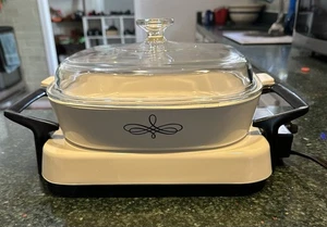 Corningware Black Scroll Casserole w/ Electric Skillet Warmer Corning  TREFOIL - Picture 1 of 10