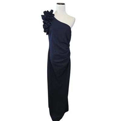 Vestido de Noche Formal DJ Jaz Talla 12 Azul Marino Un Hombro Volantes Nuevo Foto 1 de 4