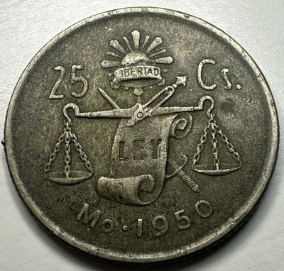 Moneda de plata de 25 centavos de México 1950 T59 Foto 1 de 2