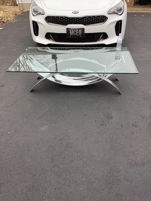 Mesa de centro MCM tampo de vidro madeira vintage captador local era atômica espaço estilo louco - Imagem 1 de 4