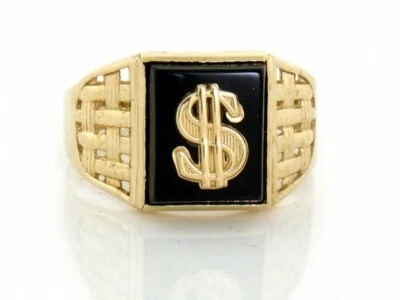 Anillo para hombre signo de dólar en efectivo de ónix de oro amarillo de 10k o 14k Foto 1 de 4