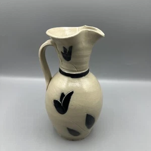Williamsburg Pottery Salt Glaze Pitcher Cobalt Blue Tulip Pinched Spout Floral - Picture 1 of 10