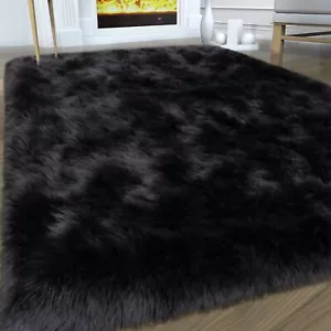 Faux Fur Area Rug, Black Fluffy Rugs for Bedroom Living Room, 4'x6' Soft Shag... - Picture 1 of 9