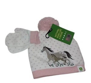 NEW John Deere Pink Polka Dot Horse Sherpa Lined Stocking Cap Mitten Set - Picture 1 of 2