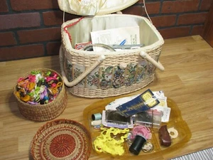 Vintage Wicker Woven Sewing Basket W/Notions & Small Woven Basket Full - Picture 1 of 16