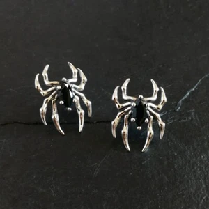 Sterling Silver Sparkling Black CZ Halloween Spider Stud Post Earrings Unique - Picture 1 of 5