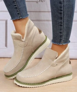 Yasirun Womens Beige Cross-Stitch Slip-On Boots Faux Fur Lined Size 9 US - Picture 1 of 8