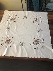 Embroidered Christmas Candle Centrepiece Tablecloth Topper 33" Square White Vtg - Picture 1 of 6