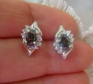 Shube's Sterling Silver 6 x 4 Oval Mystic Fire Topaz & Clear CZs Stud Earrings - Picture 1 of 12