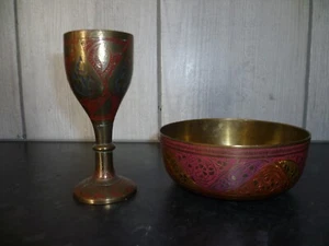 Vintage Pairing - an Indian Cloisonné Brass Spirit Cup & Nut Bowl / Bon Bon Dish - Picture 1 of 9