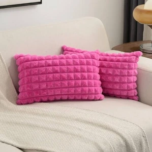 Set of 2 FUTEI Faux Fur Home Decorative Throw Pillow Covers 12”x 20" Hot Pink - Picture 1 of 11