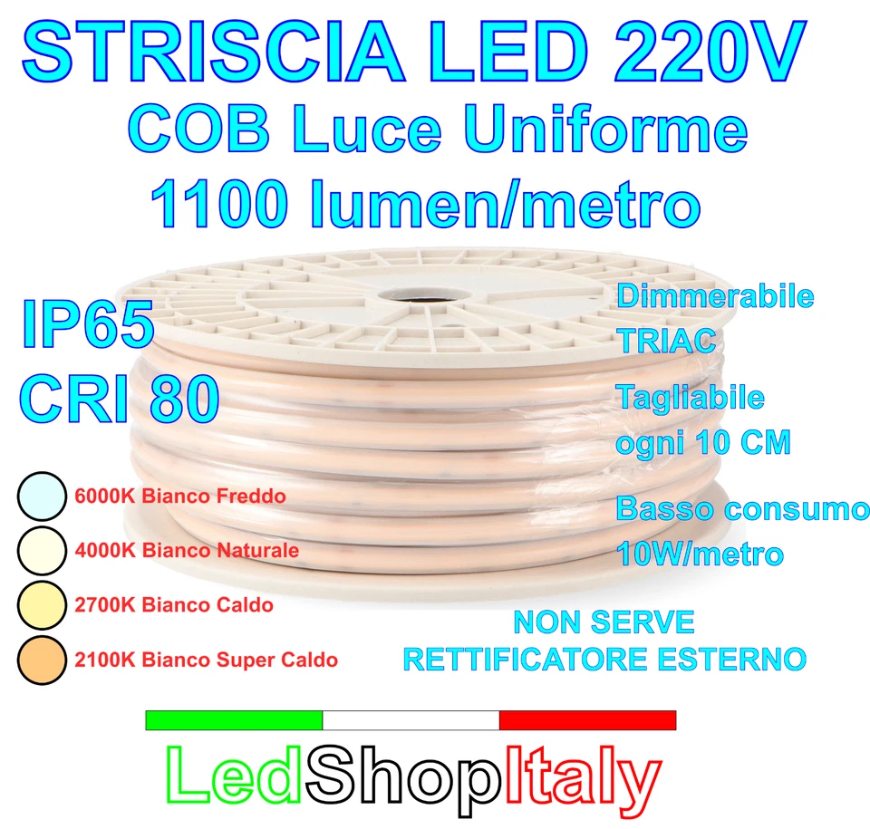 Striscia LED Bianca 220V COB luce uniforme dimmerabile taglio su misura - Immagine 1 di 4
